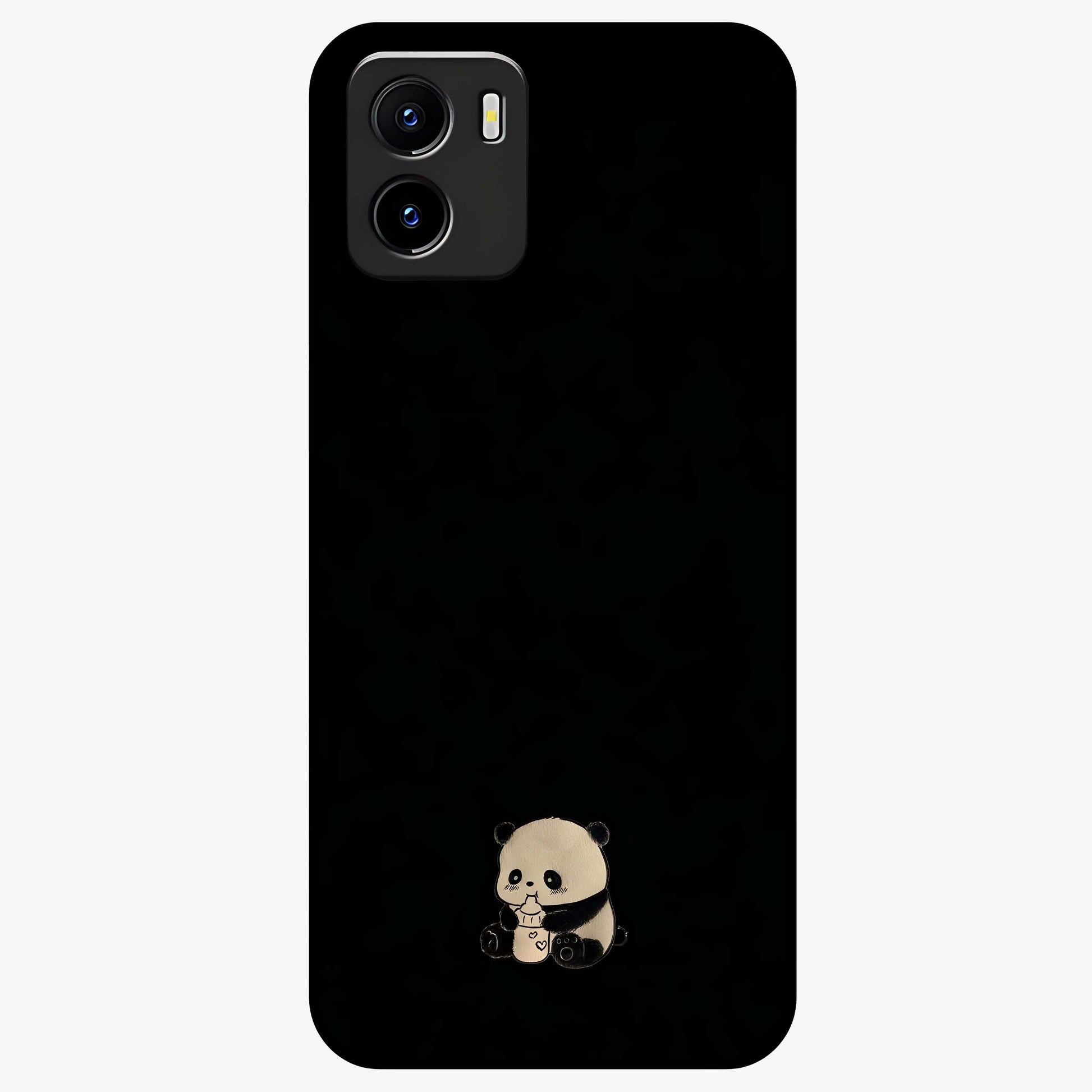 Midnight Panda Love Glass Case showing flat back view with cute panda themed artwork and glossy glass finish.