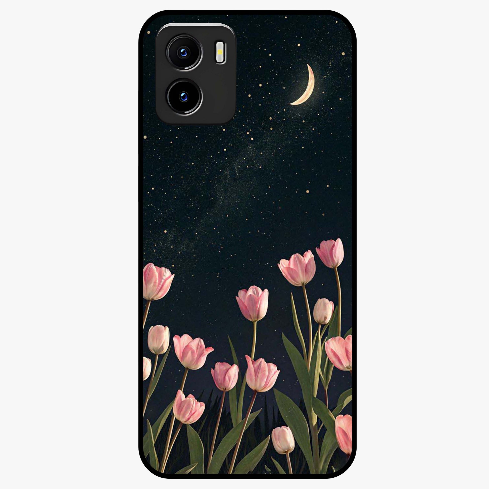 Midnight Tulip Whispers Vibe Glass Case showing flat back view with elegant tulip flower artwork and glossy glass finish.