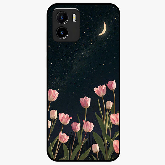 Midnight Tulip Whispers Vibe Glass Case showing flat back view with elegant tulip flower artwork and glossy glass finish.