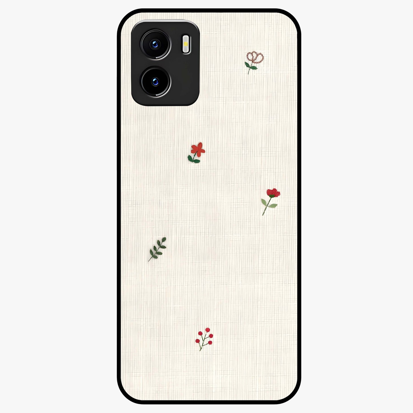 Minimal Petal Whispers Glass Case showing flat back view with soft minimal floral artwork and glossy glass finish.