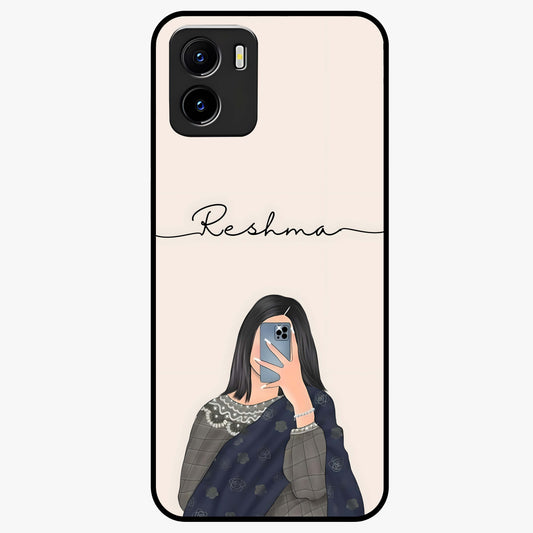 Mirror Mood Muse With Custom Name Glass Case showing flat back view with stylish mirrored artwork and personalized name design.
