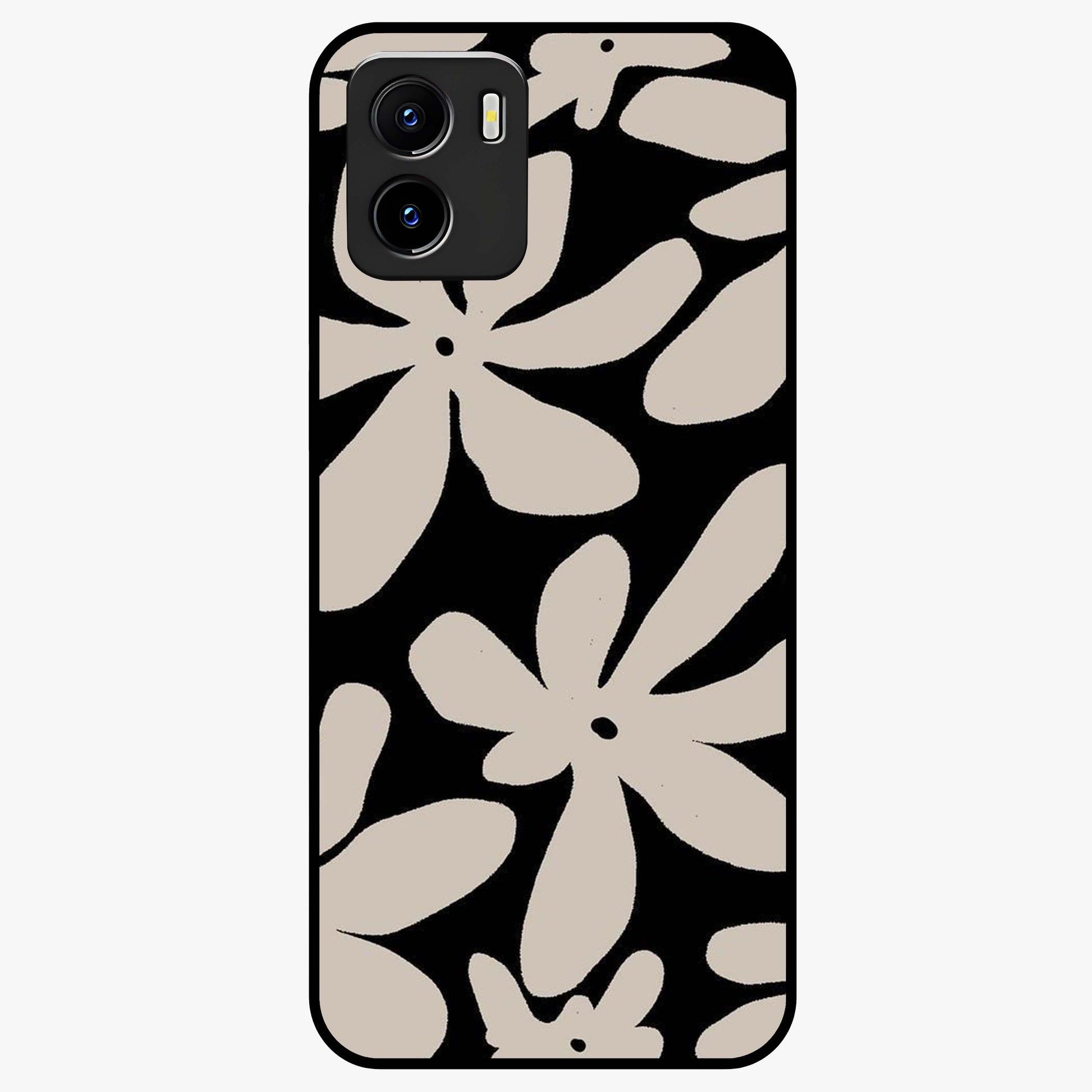 Monochrome Petal Dance Glass Case showing flat back view with monochrome floral artwork and glossy glass finish.
