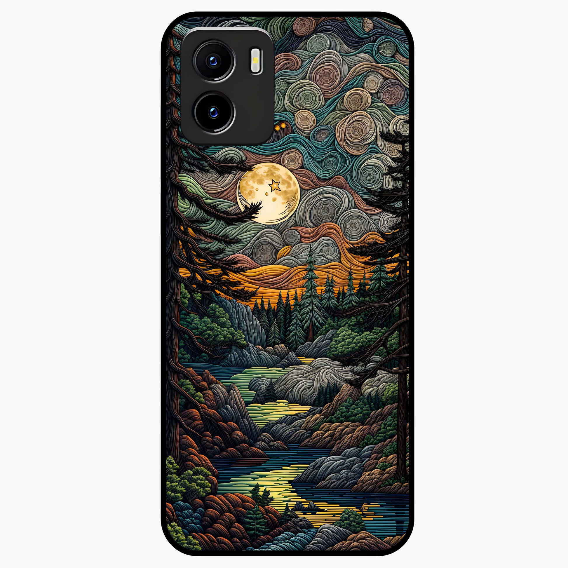 Moonlight Forest Dream Glass Case showing flat back view with mystical forest moonlight artwork and glossy glass finish.