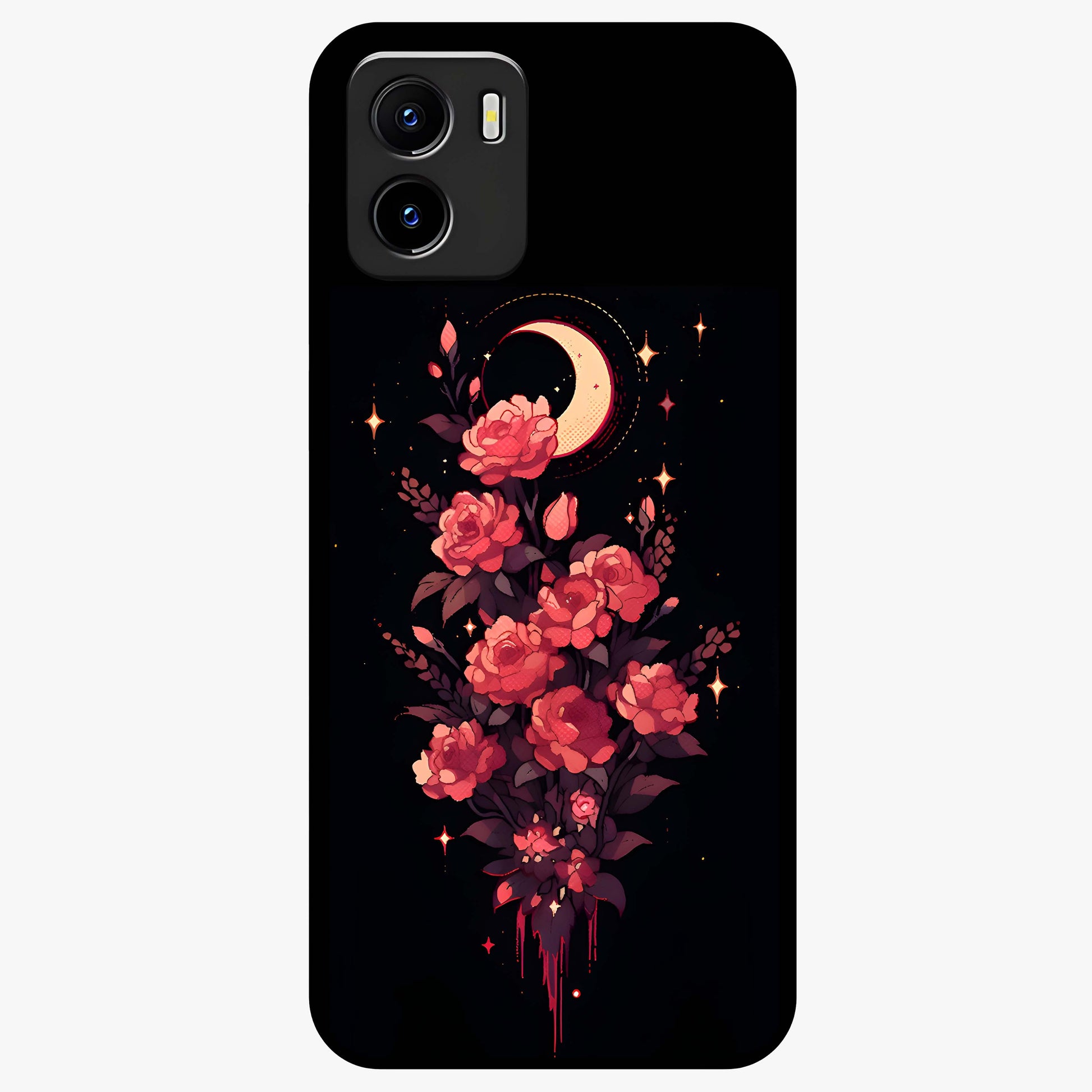 Moonlit Floral Elegance Glass Case showing flat back view with elegant floral artwork under moonlit tones and glossy glass finish.