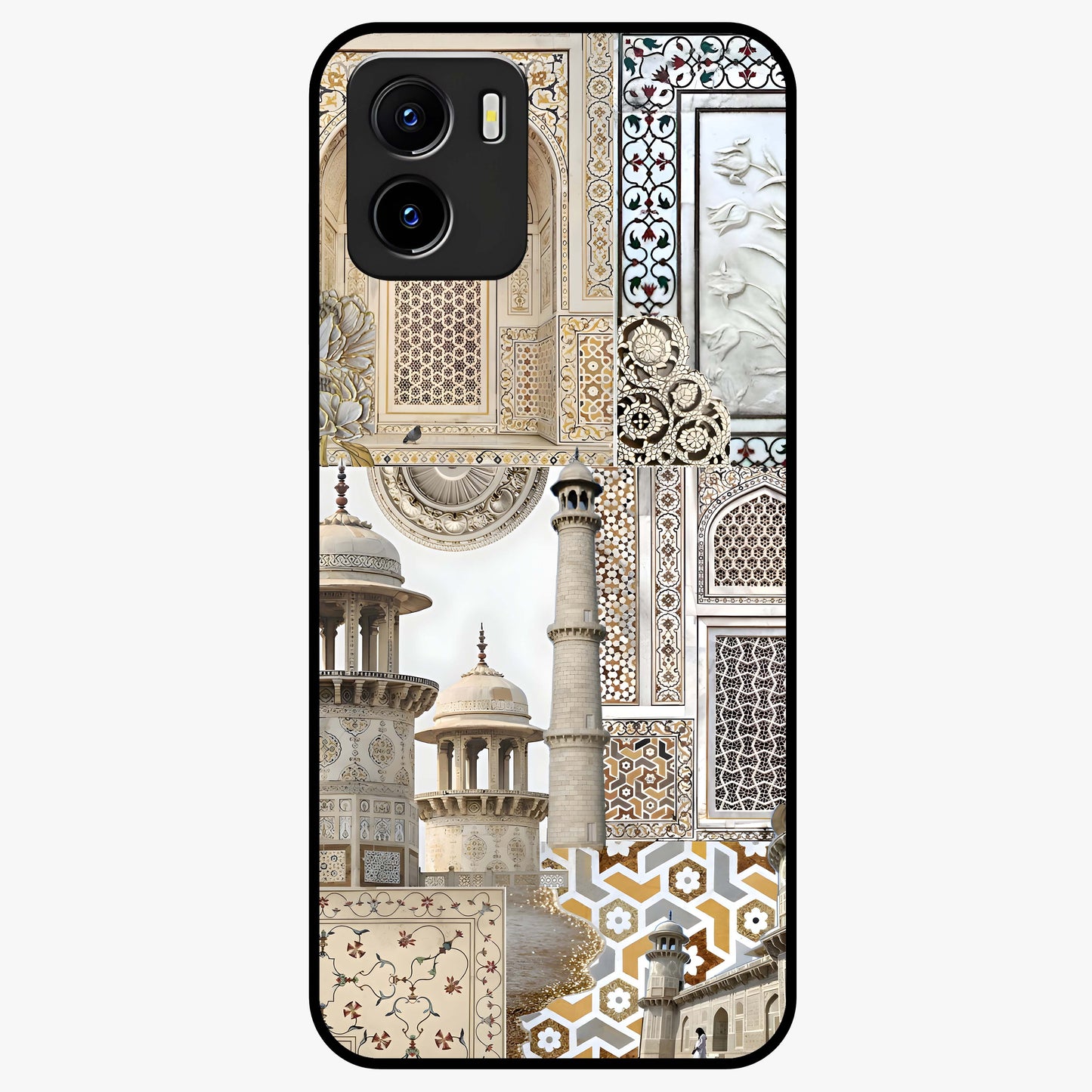 Mughal Marble Legacy Glass Case showing flat back view with intricate Mughal inspired marble pattern and glossy glass finish.