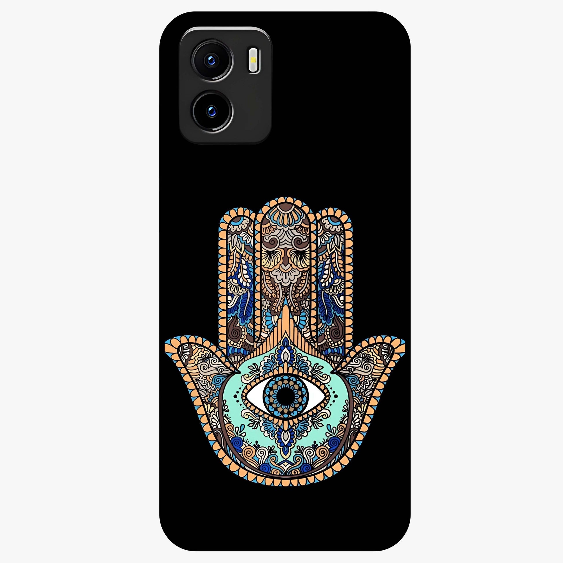 Mystic Hamsa Eye Glass Case showing flat back view with protective hamsa hand and evil eye artwork and glossy glass finish.