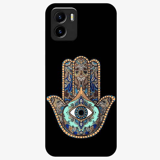 Mystic Hamsa Eye Glass Case showing flat back view with protective hamsa hand and evil eye artwork and glossy glass finish.