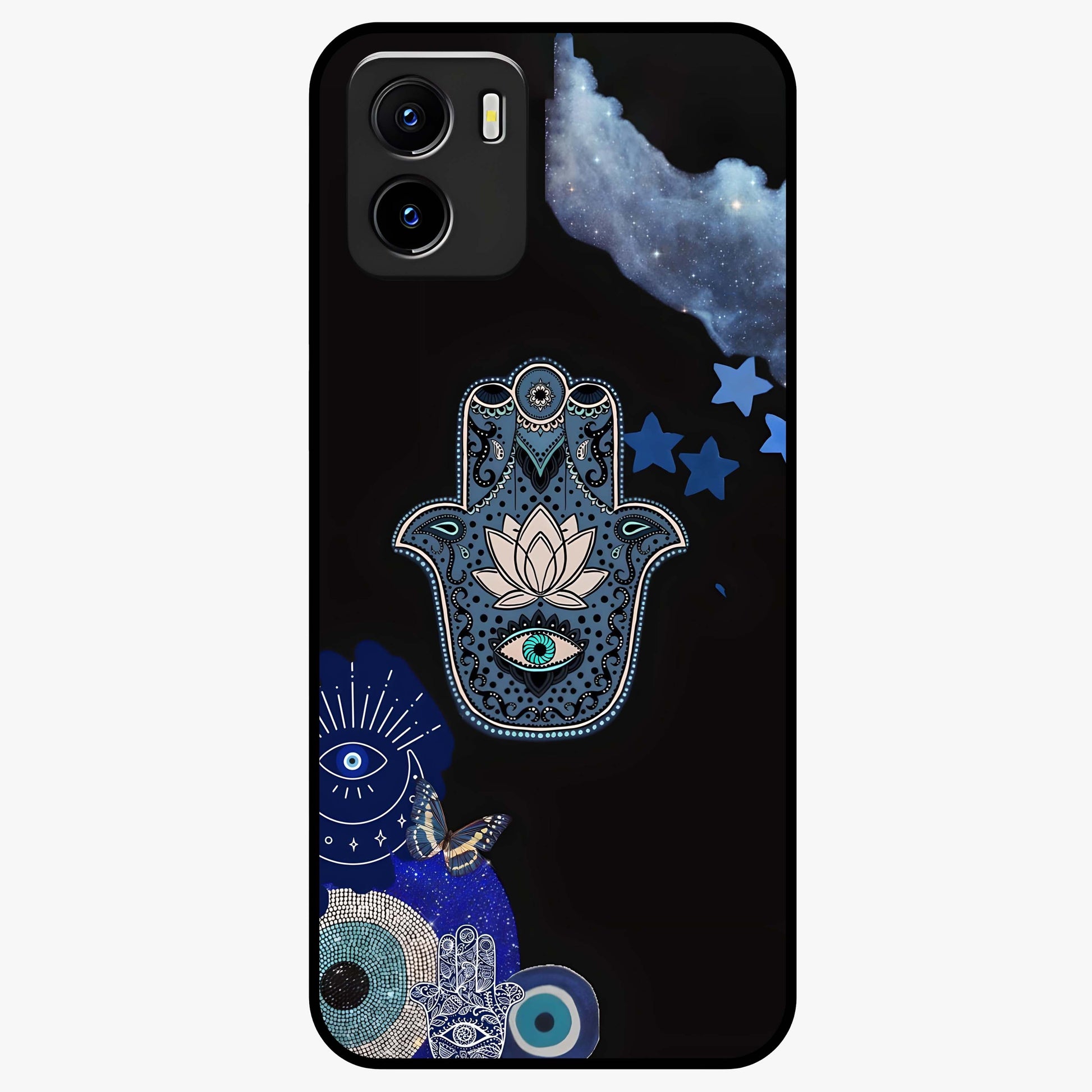 Mystic Hand Aura Glass Case showing flat back view with mystical hand symbol artwork and glossy glass finish.