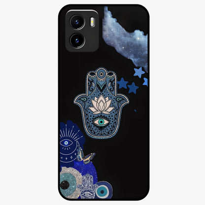 Mystic Hand Aura Glass Case showing flat back view with mystical hand symbol artwork and glossy glass finish.