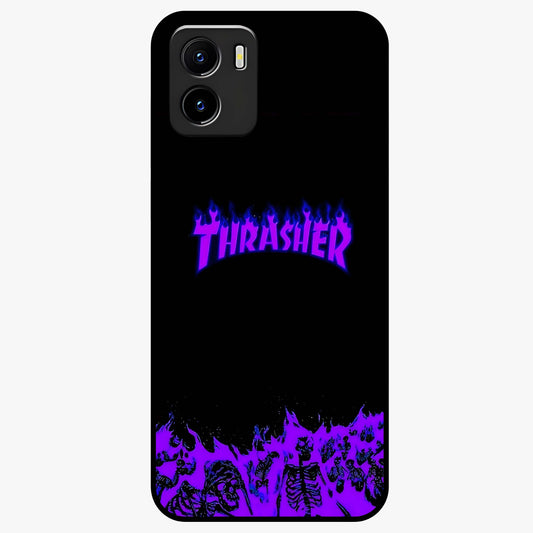 Neon Flame Riot Glass Case showing flat back view with neon flame artwork and glossy glass finish.