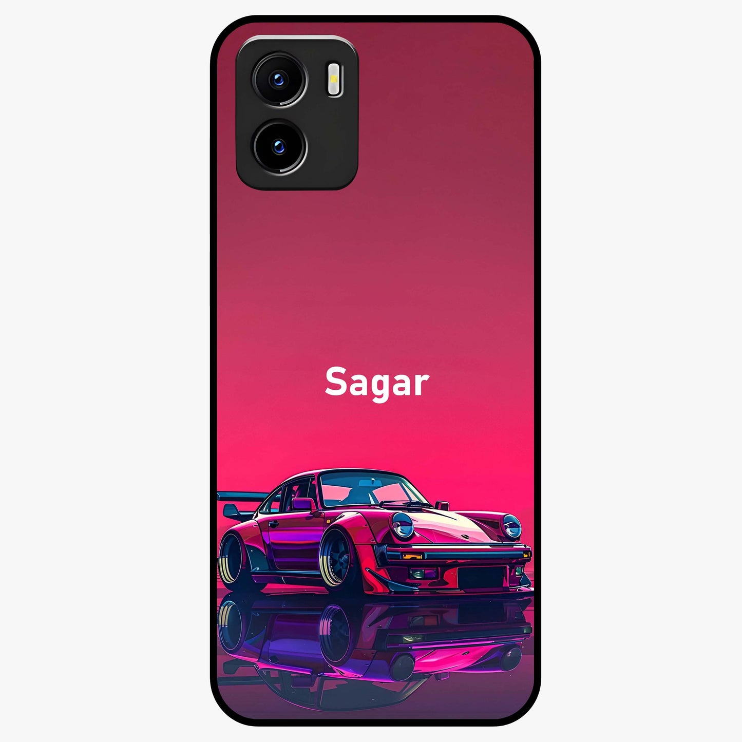 Neon Pink Porsche Glass Case showing flat back view with stylish sports car artwork and glossy glass finish.