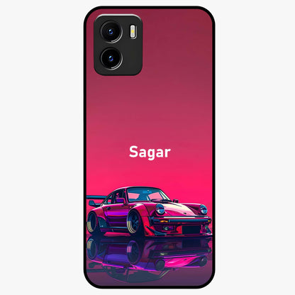 Neon Pink Porsche Glass Case showing flat back view with stylish sports car artwork and glossy glass finish.