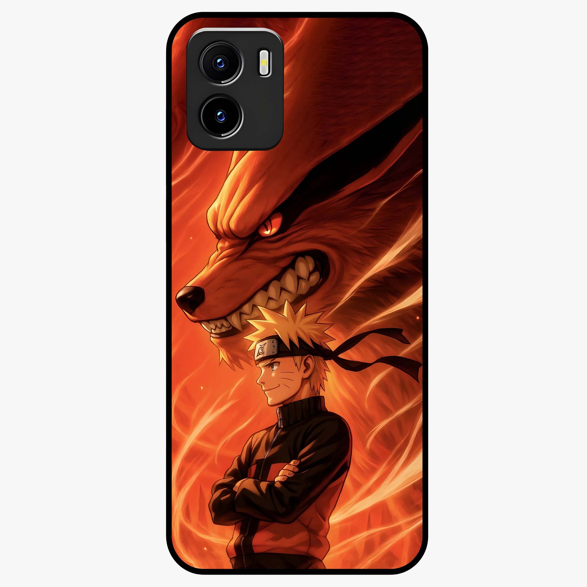 Nine Tails Legacy Glass Case showing flat back view with powerful nine-tailed fox inspired artwork and glossy glass finish.