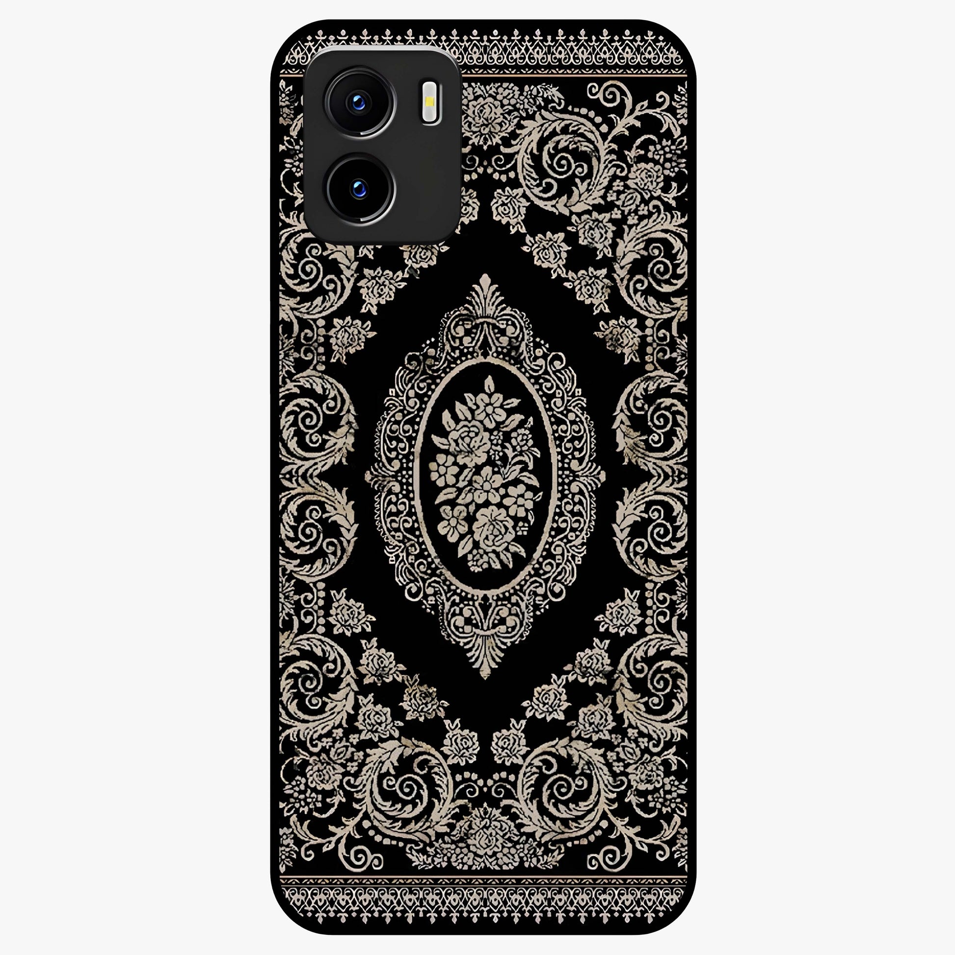 Noir Bloom Elegance Glass Case showing flat back view with elegant dark floral artwork and glossy glass finish.