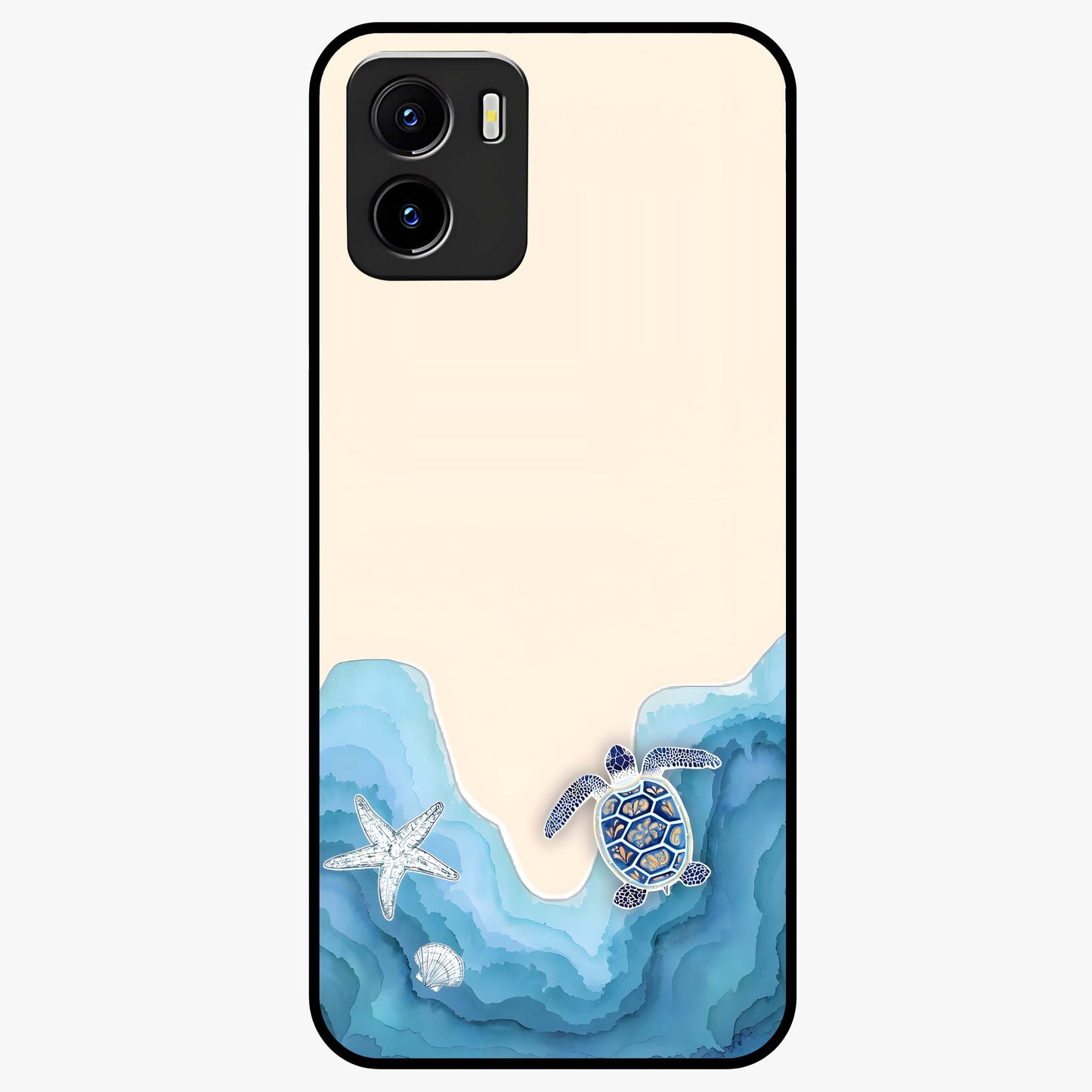 Ocean Drift Turtle Glass Case showing flat back view with sea turtle artwork and glossy glass finish.