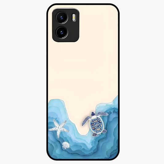 Ocean Drift Turtle Glass Case showing flat back view with sea turtle artwork and glossy glass finish.
