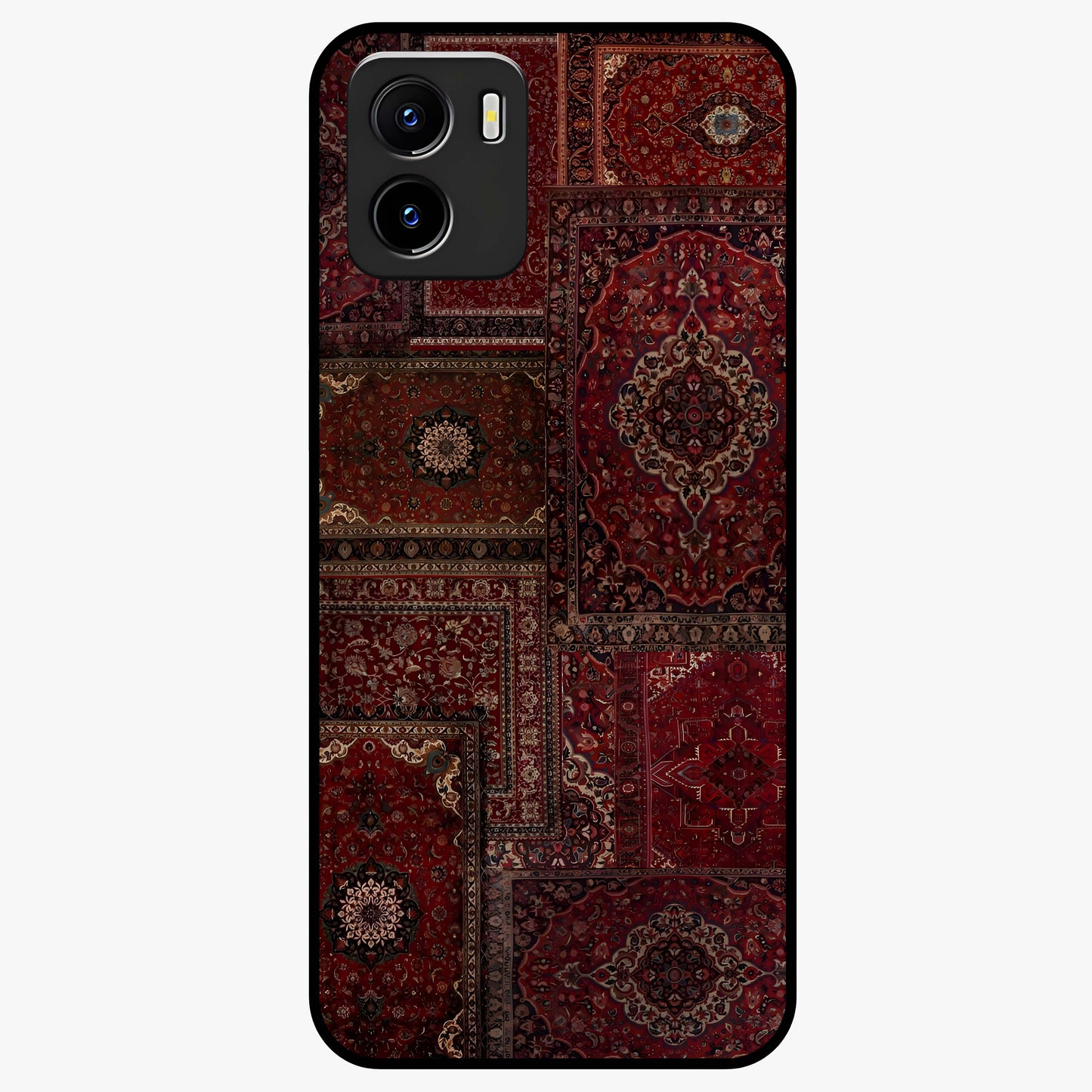 Persian Velvet Tale Glass Case showing flat back view with luxurious Persian velvet pattern artwork and glossy glass finish.