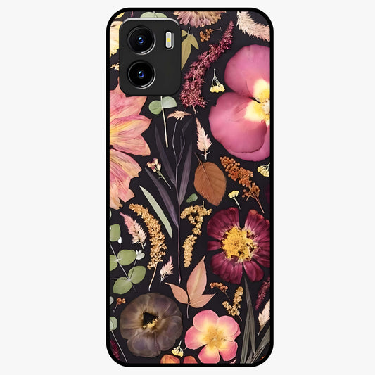 Petal Dream Tapestry Glass Case showing flat back view with intricate floral tapestry artwork and glossy glass finish.