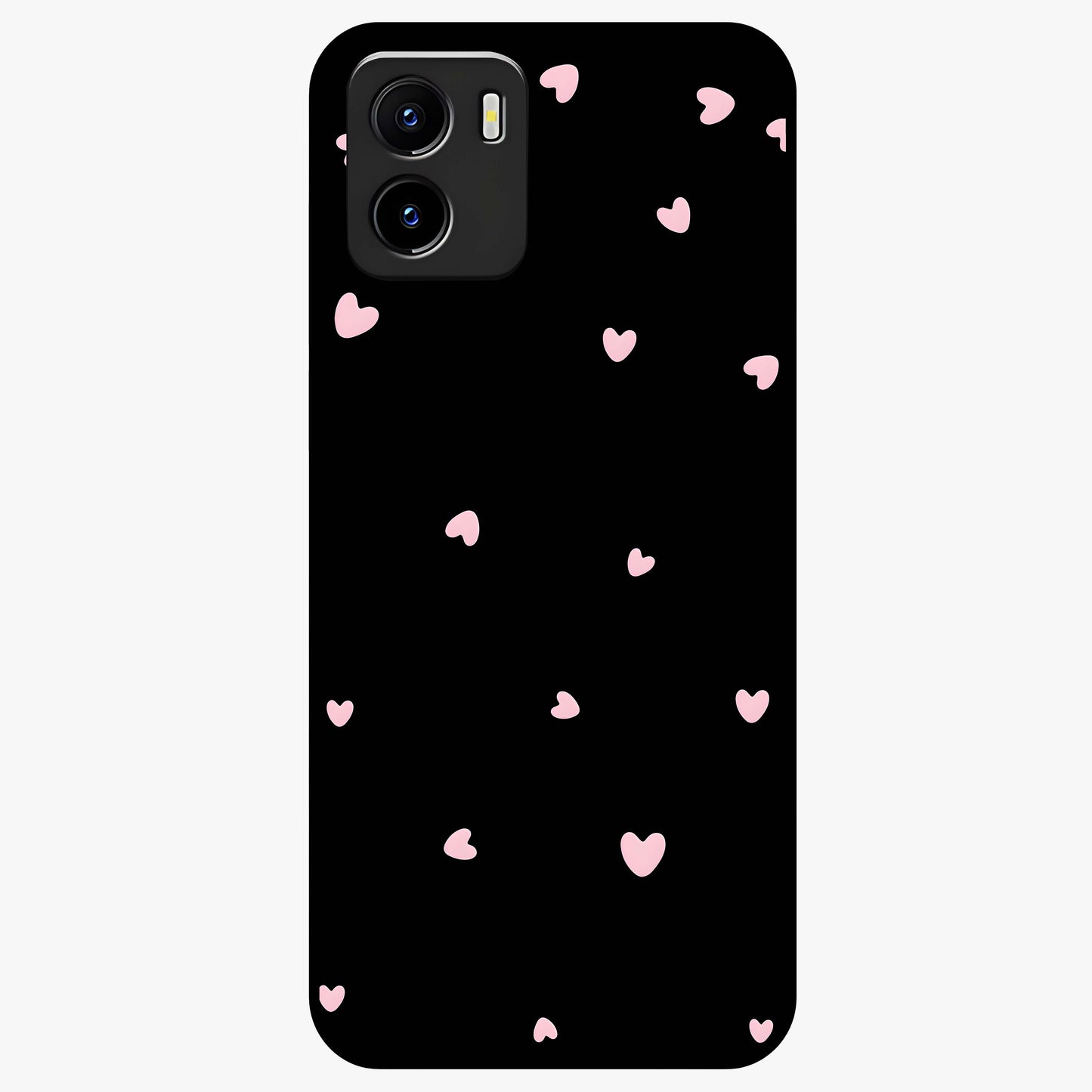 Pink Love Drops Glass Case showing flat back view with playful pink heart drops artwork and glossy glass finish.