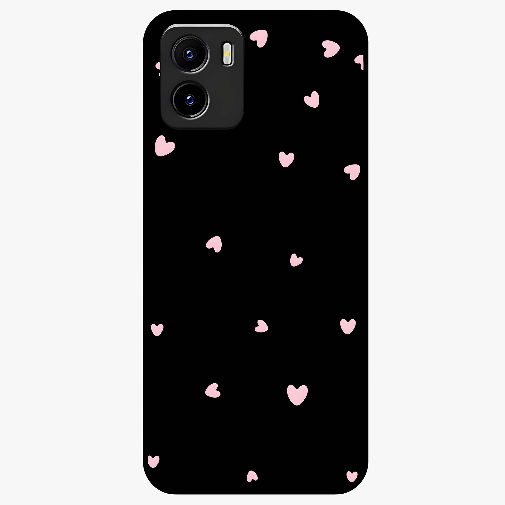Pink Love Drops Glass Case showing flat back view with playful pink heart drops artwork and glossy glass finish.
