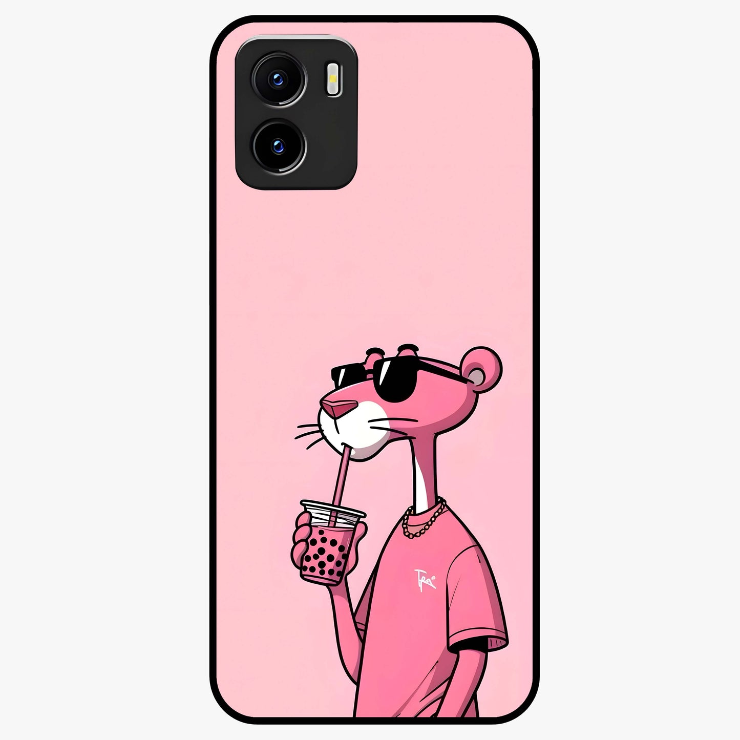 Pink Panther Glass Case showing flat back view with iconic pink panther artwork and glossy glass finish.