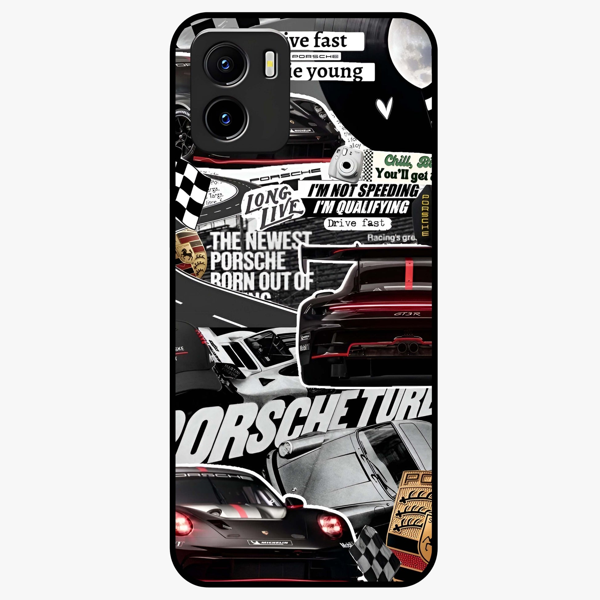 Porsche Racing Collage Glass Case showing flat back view with sports car racing collage artwork and glossy glass finish.