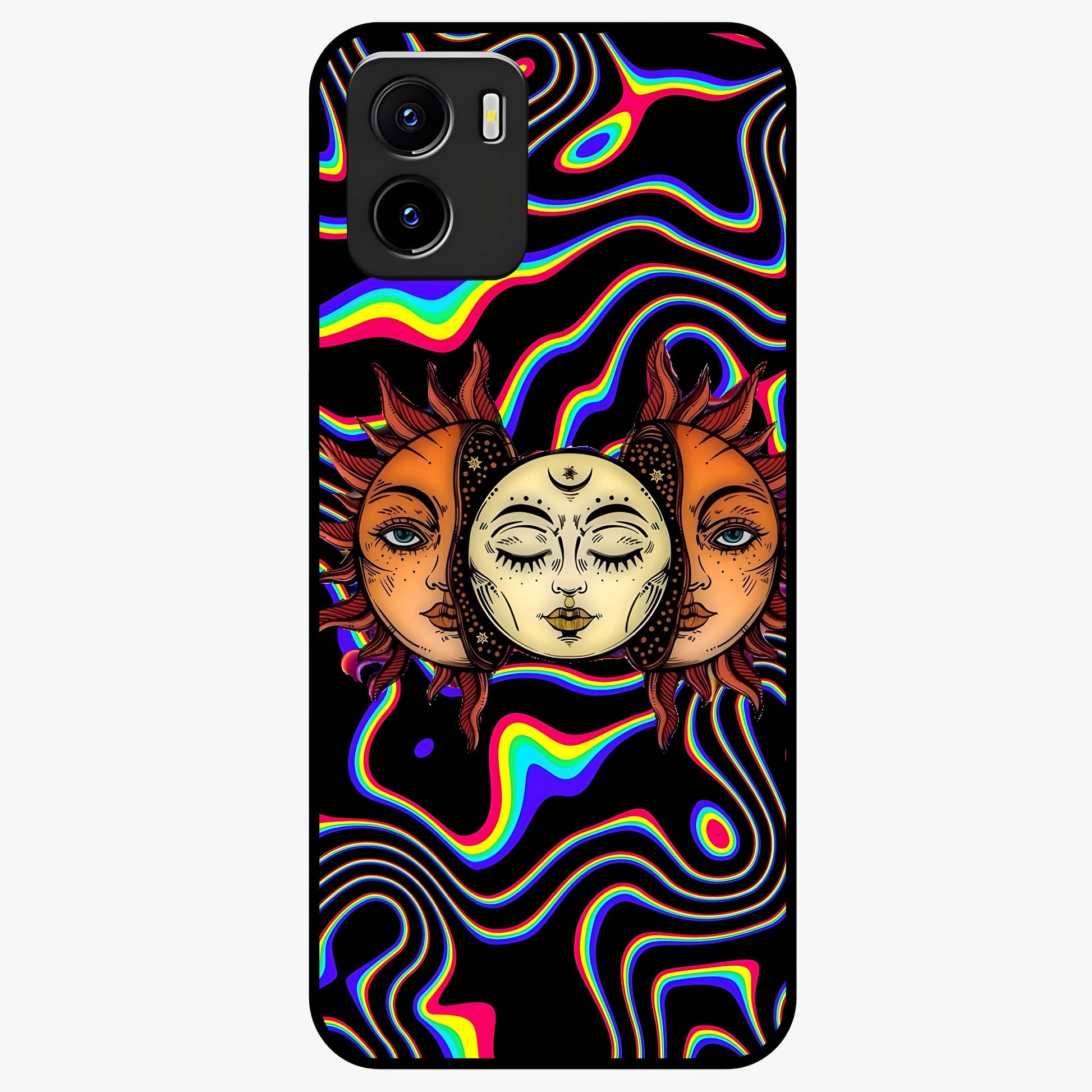 Psychedelic Sun Glass Case showing flat back view with colorful psychedelic sun artwork and glossy glass finish.