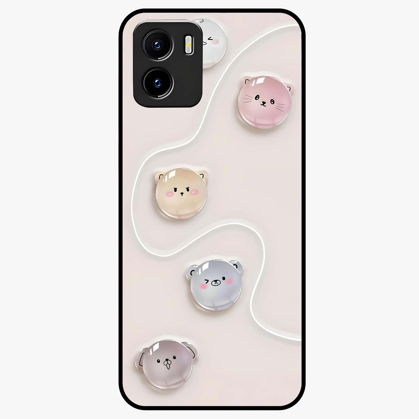 Puffy Face Parade Glass Case showing flat back view with cute puffy character faces artwork and glossy glass finish.