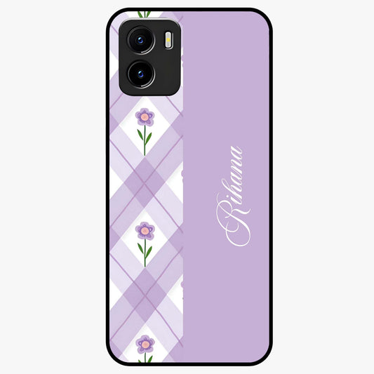 Purple Diamond Floral Glass Case showing flat back view with diamond shaped floral artwork and glossy glass finish.