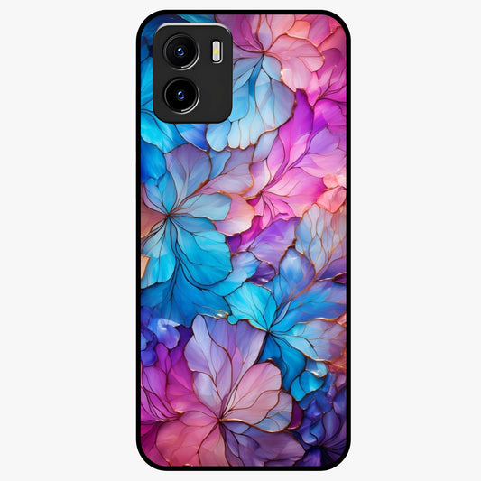 Radiant Floral Whirl Glass Case showing flat back view with swirling floral artwork and glossy glass finish.