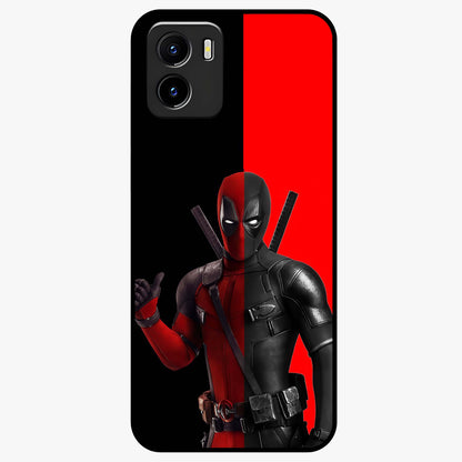 Red & Black Deadpool Theme Glass Case showing flat back view with bold comic inspired artwork and glossy glass finish.