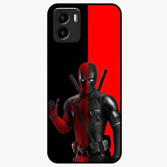 Red & Black Deadpool Theme Glass Case showing flat back view with bold comic inspired artwork and glossy glass finish.