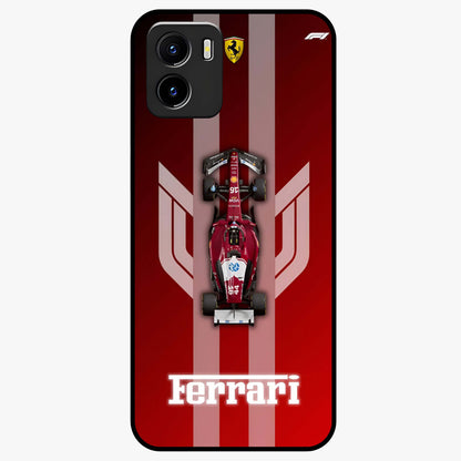 Red Ferrari F1 Vertical Glass Case showing flat back view with sleek Formula racing car artwork and glossy glass finish.