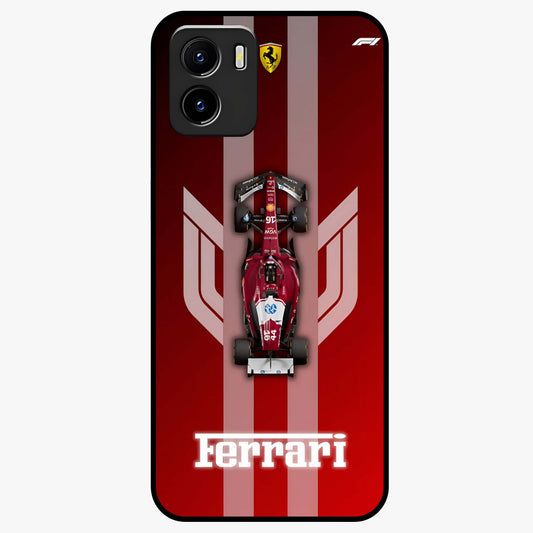 Red Ferrari F1 Vertical Glass Case showing flat back view with sleek Formula racing car artwork and glossy glass finish.