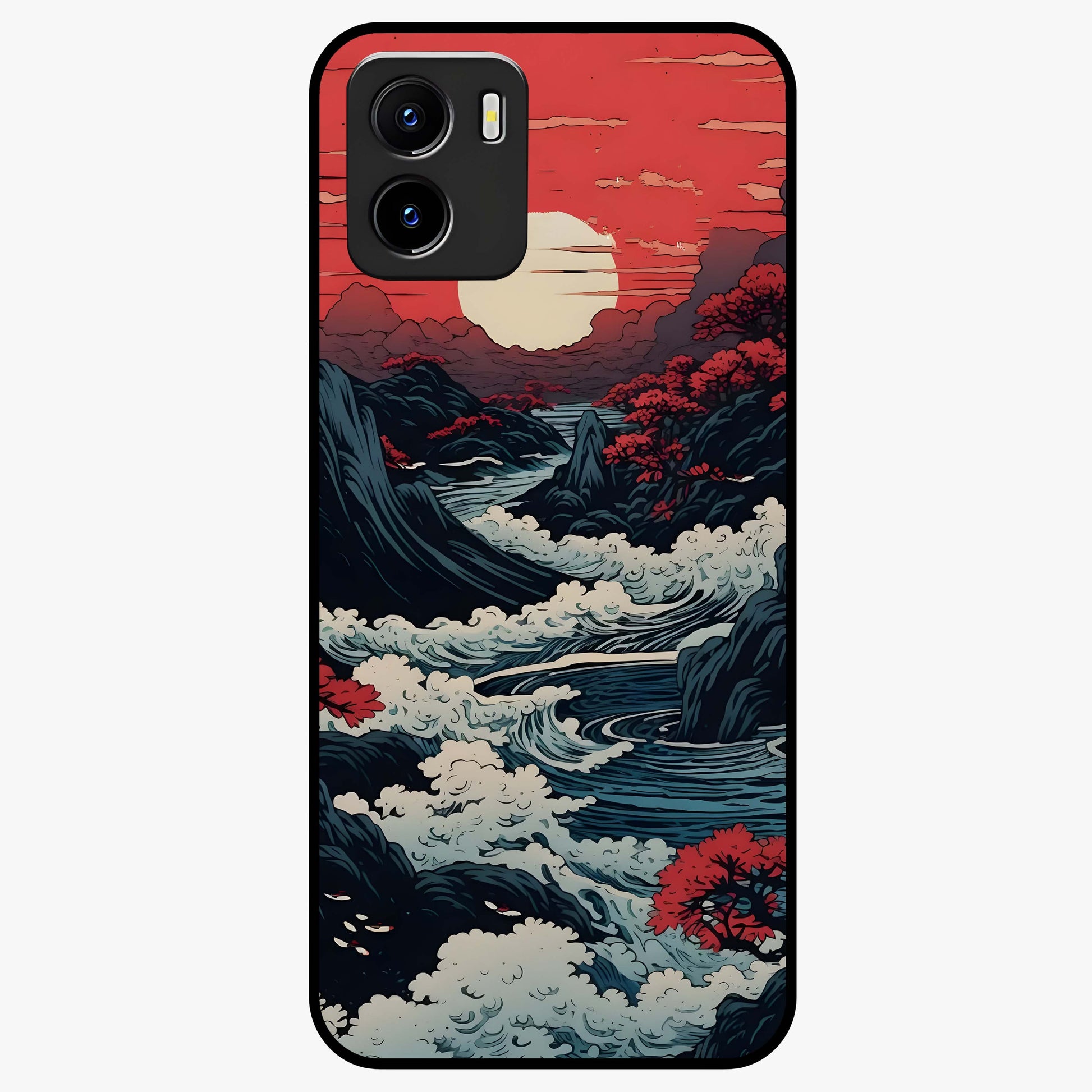 Red Sunset Scenery Glass Case showing flat back view with vibrant sunset landscape artwork and glossy glass finish.