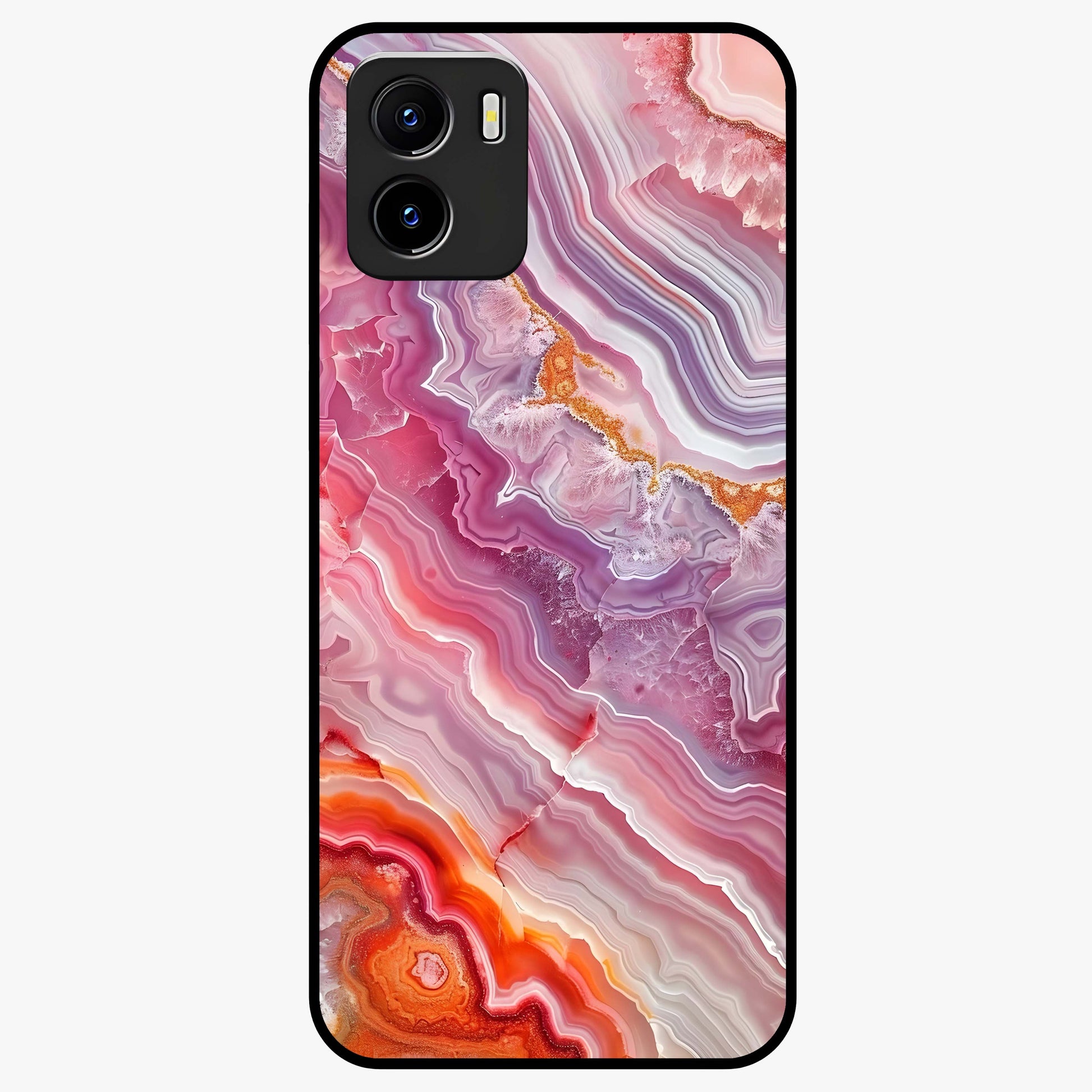 Rose Quartz Marble Glass Case showing flat back view with pink marble quartz texture artwork and glossy glass finish.