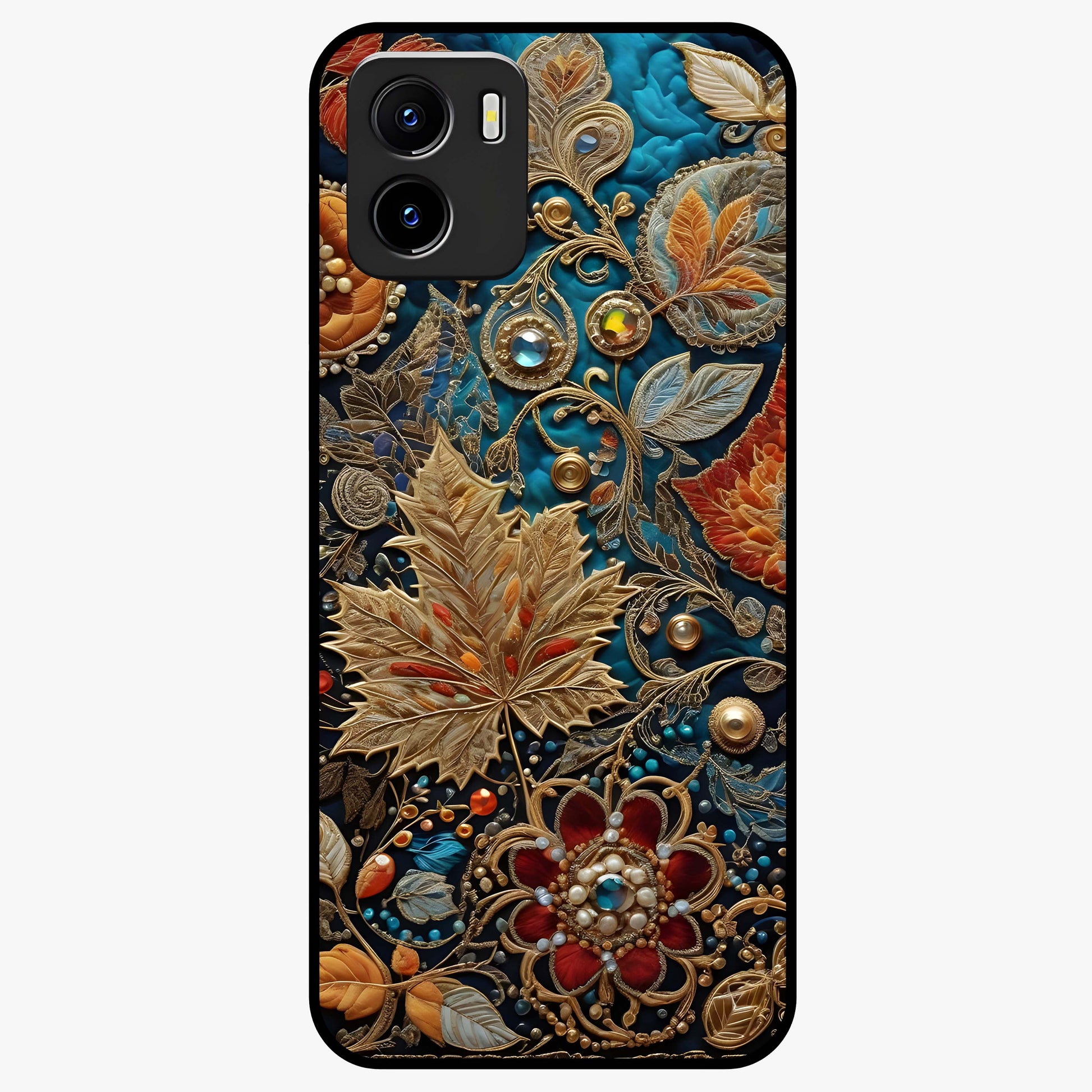 Royal Jewel Garden Glass Case showing flat back view with decorative floral garden artwork and glossy glass finish.