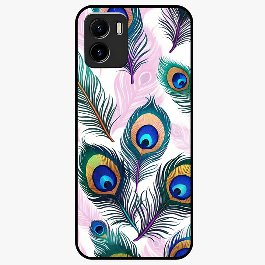Royal Peacock Feathers Glass Case showing flat back view with colorful peacock feather artwork and glossy glass finish.