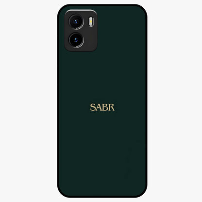 Sabr Minimal Patience Glass Case showing flat back view with minimalist typography artwork and glossy glass finish.