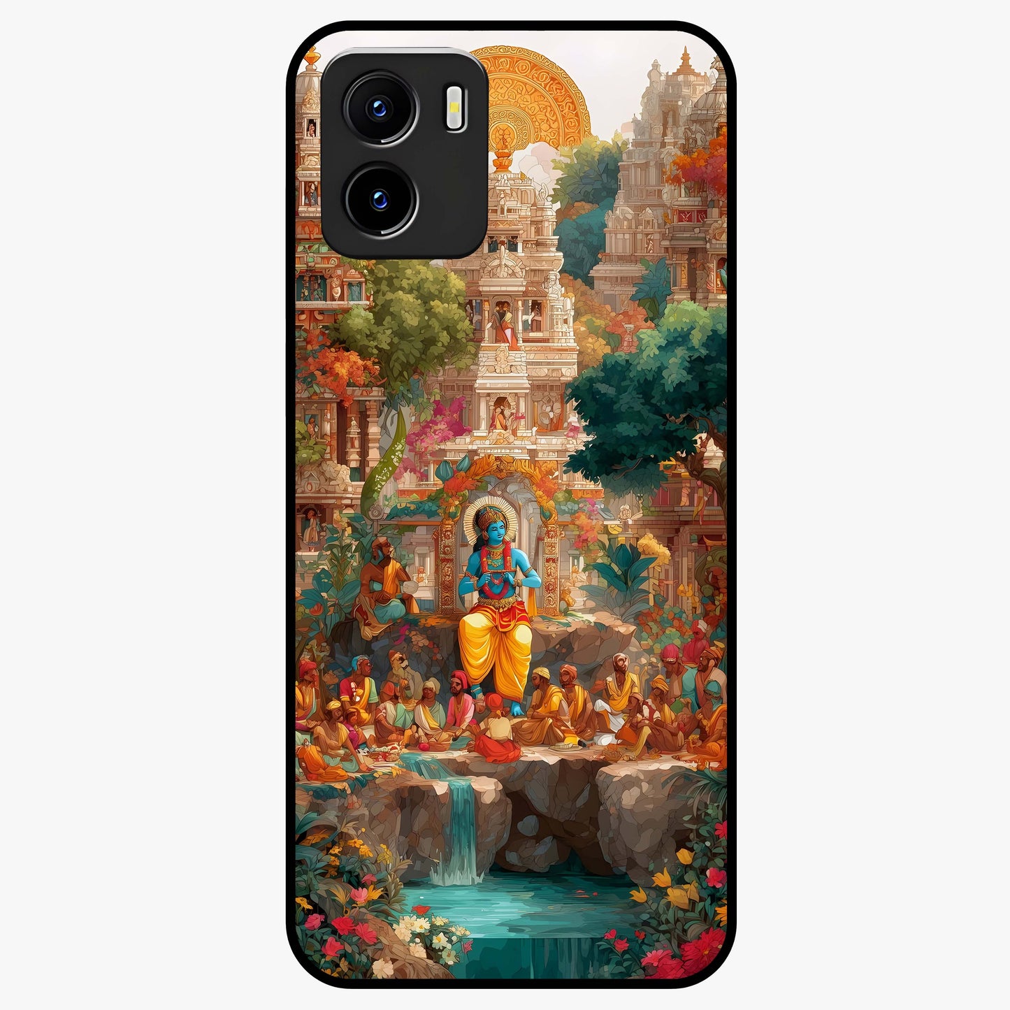 Sacred Sunlight Gods Glass Case showing flat back view with divine sunlight themed artwork and glossy glass finish.