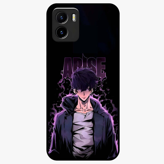 Shadow Monarch Awakening Glass Case showing flat back view with powerful dark monarch themed artwork and glossy glass finish.