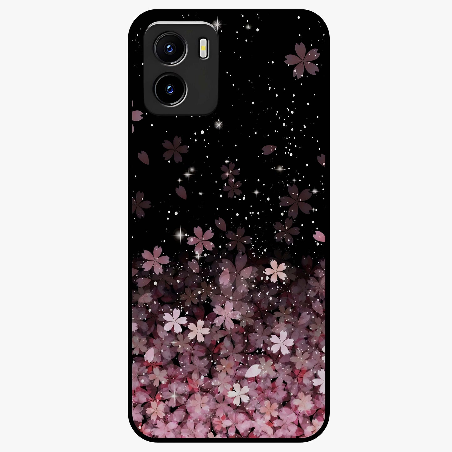 Small Starry Flowers Glass Case showing flat back view with delicate starry floral artwork and glossy glass finish.