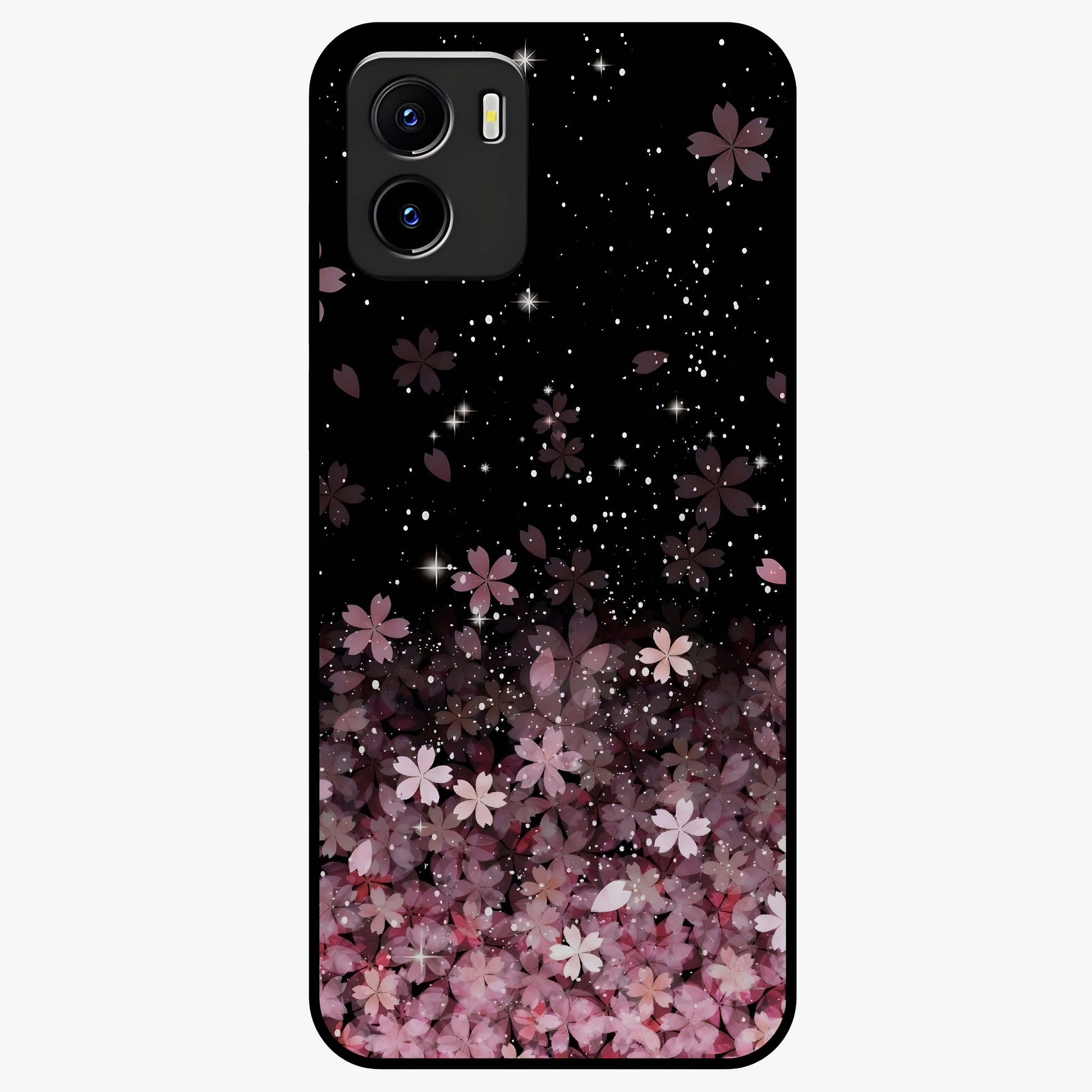 Small Starry Flowers Glass Case showing flat back view with delicate starry floral artwork and glossy glass finish.