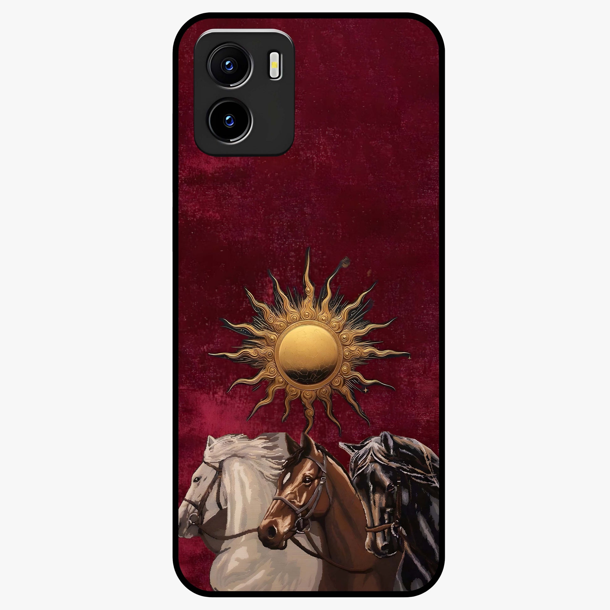 Solar Riders Glass Case showing flat back view with dynamic rider themed artwork and glossy glass finish.