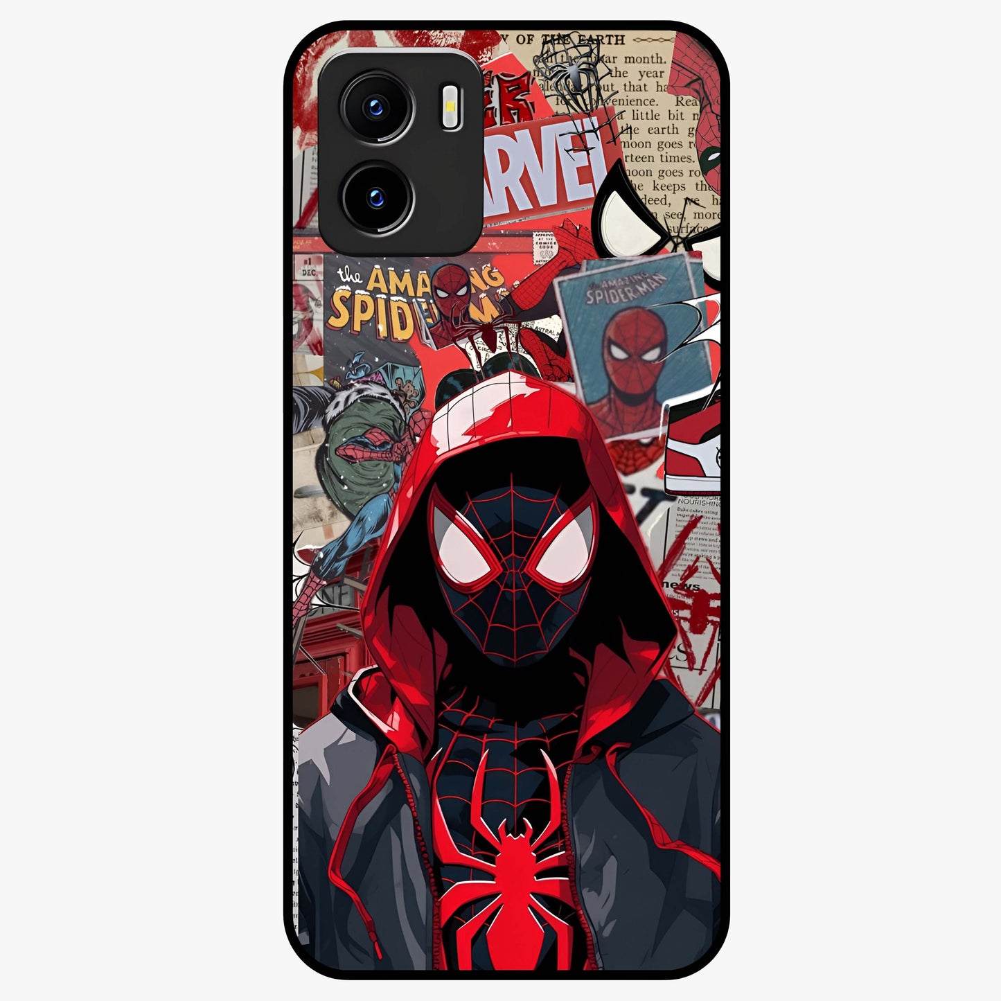 Spider Collage Street Glass Case showing flat back view with vibrant superhero collage artwork and glossy glass finish.