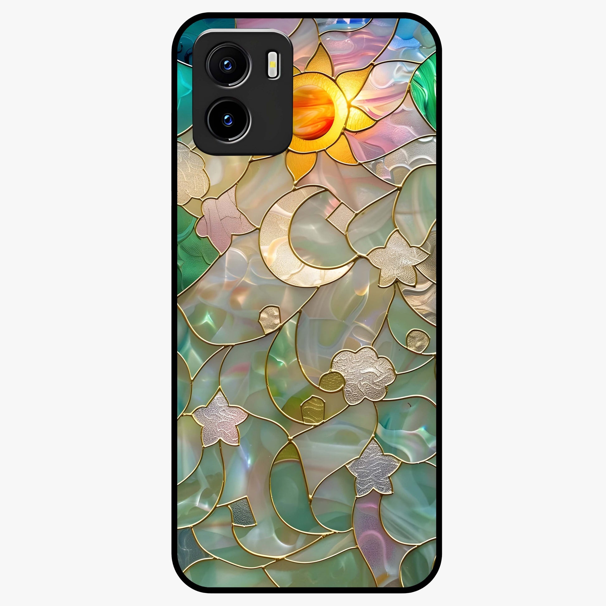 Stained Sunrise Glow Glass Case showing flat back view with glowing sunrise stained pattern artwork and glossy glass finish.