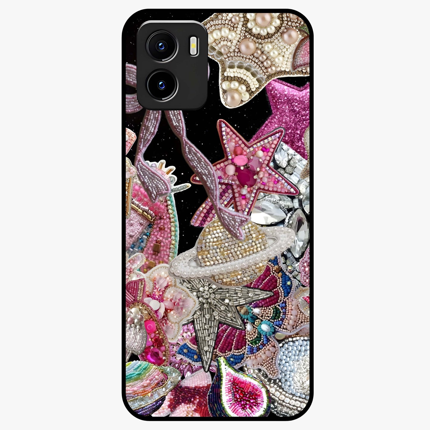 Starlit Jewel Dream Glass Case showing flat back view with sparkling jewel and star themed artwork and glossy glass finish.