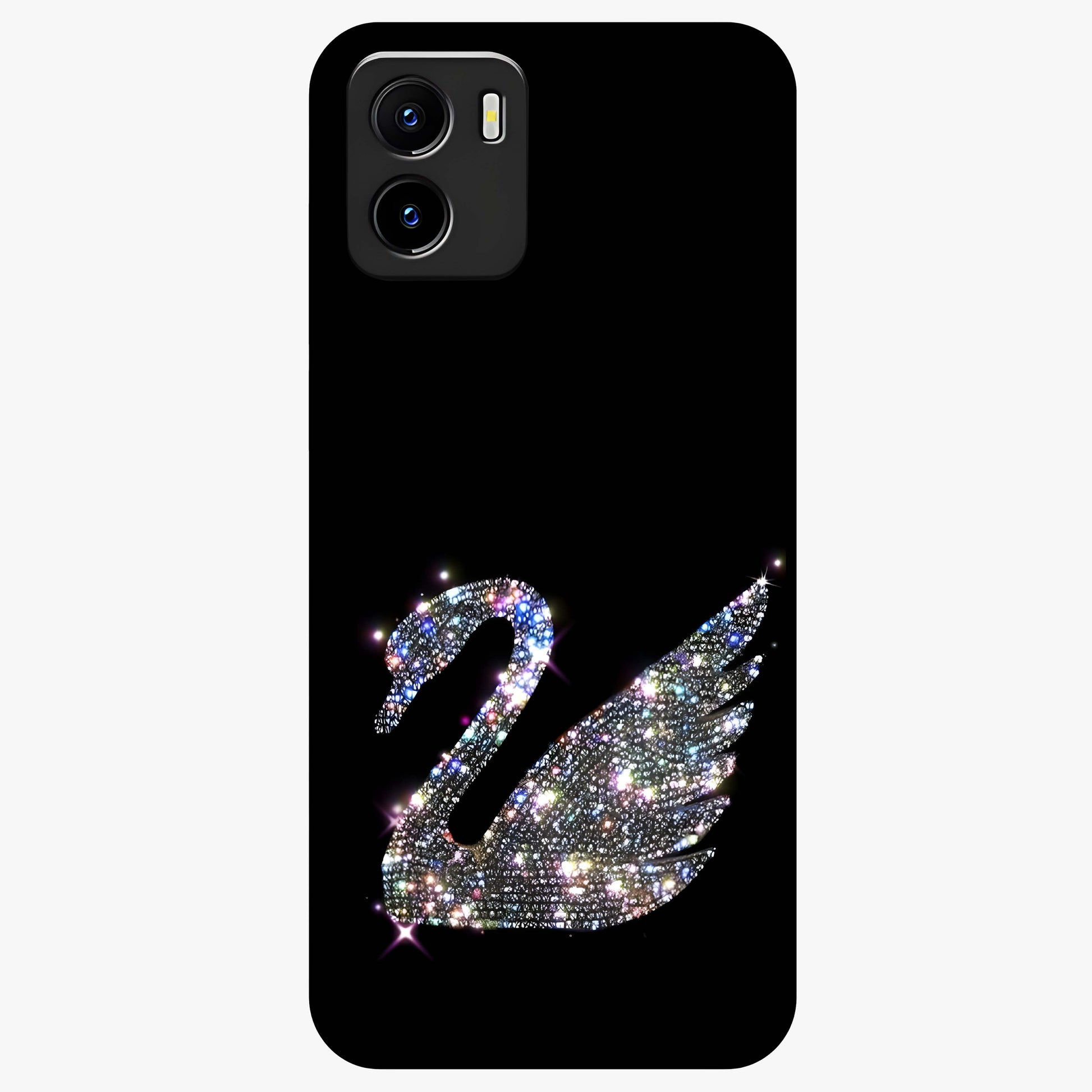 Starlit Swan Grace Glass Case showing flat back view with graceful swan artwork under starry sky and glossy glass finish.