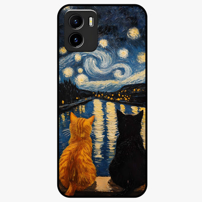 Starry River Cats Glass Case showing flat back view with cats by a starry river artwork and glossy glass finish.