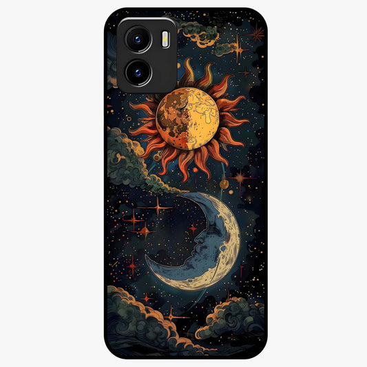 Sun And Moon Magic Design Glass Case showing flat back view with mystical sun and moon artwork and glossy glass finish.